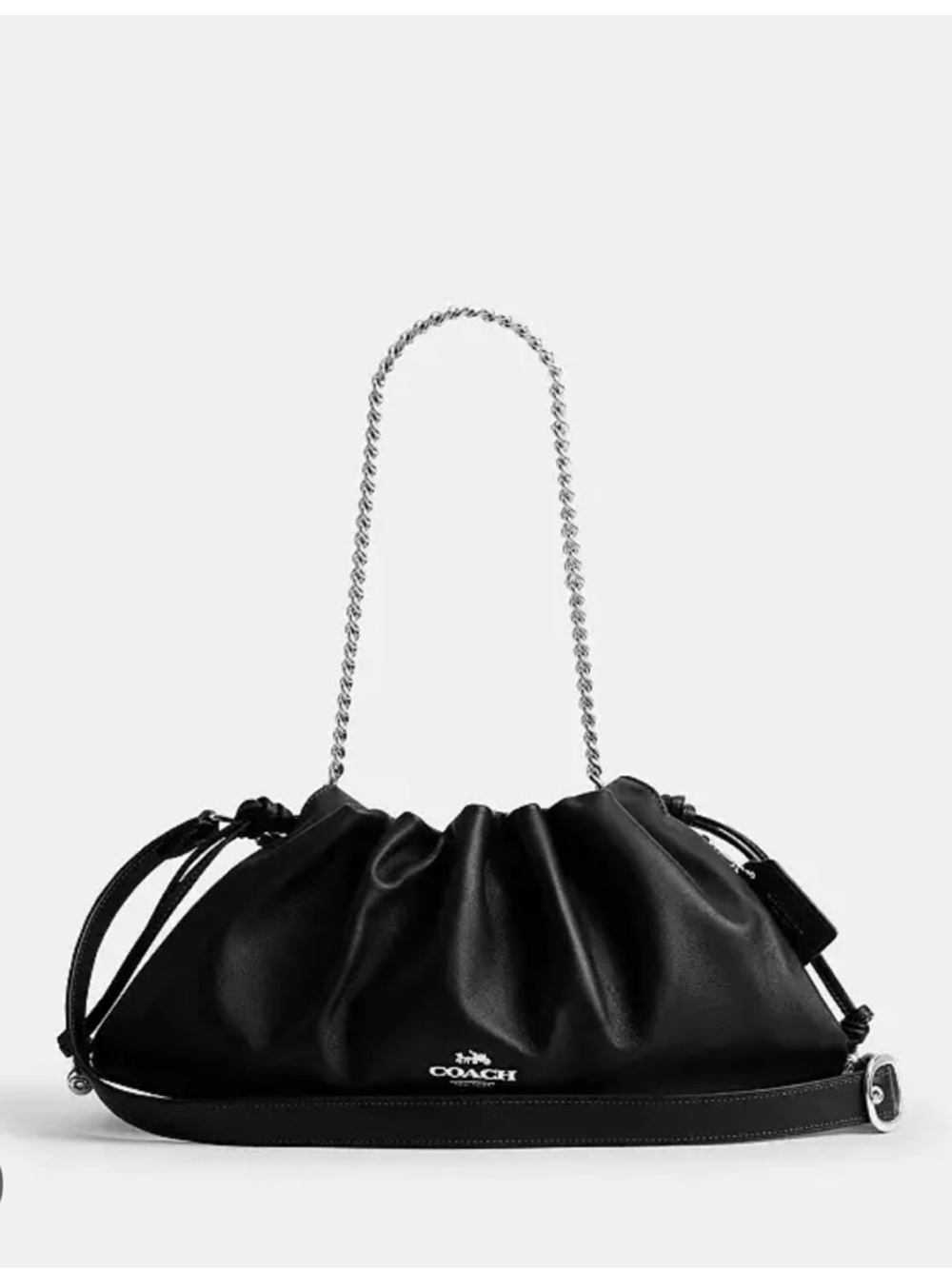 Coach Black Leather Drawstring Shoulder Bag with Silver Chain